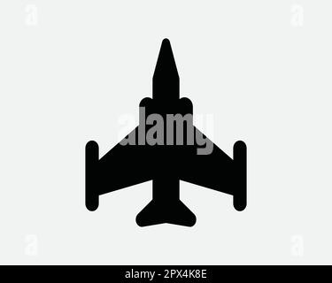 Fighter Jet Schwarz-Weiß-Symbol. Zeichen Für Militärflugzeuge. Fight War Flugzeug Vector Illustration Clipart Symbol. Air Force Flugzeug Draufsicht Silh Stock Vektor