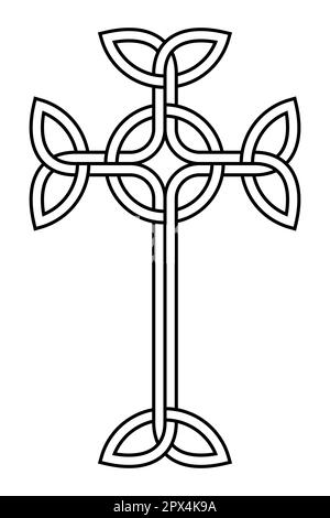 Interlaced Celtic Cross. Eine keltische Form des lateinischen Kreuzes mit Dreiecksknoten an den vier Enden, die mit einem Kreis in der Mitte verbunden sind. Stockfoto