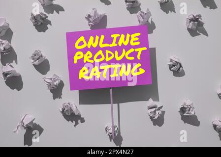 Schreiben von Text Online Product Rating, Word für Feedback zum elektronischen Handel und zu Online-Produkten Stockfoto