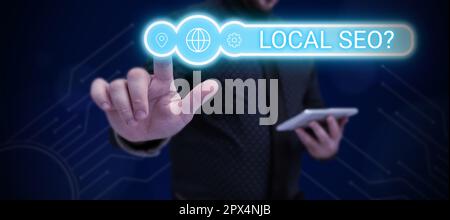 Konzeptüberschrift Local Seo, Word für eine unglaublich effektive Möglichkeit, Ihr nahegelegenes Unternehmen online zu vermarkten Stockfoto