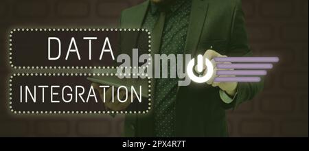 Inspiration zur Darstellung von Signage Data Integration, Konzept bedeutet die Kombination von Daten, die sich in verschiedenen Quellen befinden Stockfoto