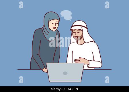 Büroangestellte in arabischer Kleidung diskutieren über Geschäftspräsentationen auf dem Laptop. Arabische Männer und Frauen arbeiten in Unternehmen in dubai oder den emiraten zusammen und führen geschäftliche Verhandlungen über das Internet. Stock Vektor