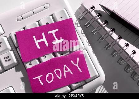 Schild mit „Hi, Business Concept“ als Begrüßung oder um ein Telefongespräch zu beginnen. Begrüßen Sie jemanden Stockfoto