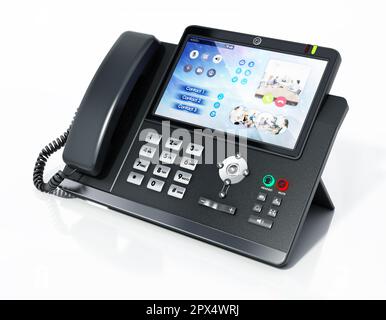 Modernes VoIP- oder Voice-over-IP-Telefon mit isoliertem LED-Bildschirm auf weißem Hintergrund. 3D Abbildung. Stockfoto