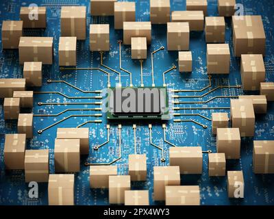 Frachtkisten stehen um die Hauptplatine herum mit einer CPU in der Mitte. Frachtversand- und -Vertriebskonzept. 3D Abbildung. Stockfoto