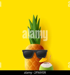 Süße und lustige Ananas in Sonnenbrille und Kokosnuss-Cocktail mit Strohhalm und Schirm, 3D-Darstellung auf sonniger gelber Kulisse Stock Vektor