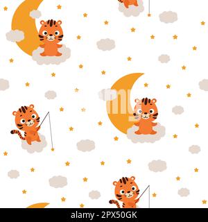 Süßer, kleiner Tiger, der auf Wolken sitzt und ein Angler-Star, ein kindliches Muster. Lustige Zeichentrickfigur für Stoff, Verpackung, Textil, Tapete Stock Vektor