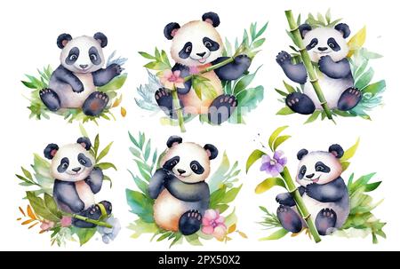 Aquarelle Darstellung von flauschigem Panda unter den Bambusblättern isoliert auf weißem Hintergrund Stock Vektor
