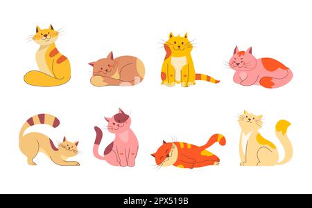 Süßes Lächeln, Katzen, Kritzelset. Cartoon-Design-Sammlung von Katzenrassen in verschiedenen Posen. Lustige Kätzchen schlafen, strecken, sitzen, entspannen. Haustier-Ani Stock Vektor