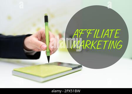 Konzeptdarstellung Affiliate Marketing, Word für die Werbung für ein Produkt einer anderen Person, das eine Provision verdient Stockfoto