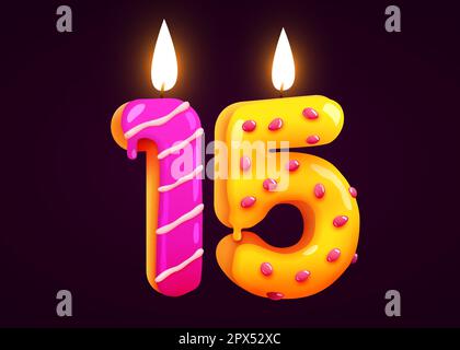 Geburtstagskuchen Schriftart 15 mit Kerze. Ein Jahrestag. Leckere Kollektion. Vektordarstellung Stock Vektor