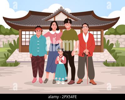Traditionsfamilie. Glückliche chinesen, stehende Verwandte, Eltern mit Tochter und Großeltern, asiatischer Haushintergrund, Cartoon-Flach-Stil Stock Vektor