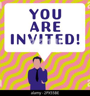 Schreiben von Texten Sie sind eingeladen, Internet Concept Receiving und Einladung zu einer Veranstaltung Beginnen Sie uns zum Feiern Stockfoto