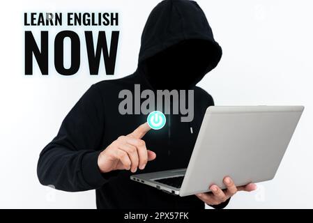 Textunterschrift Präsentation Englisch jetzt lernen, Geschäftskonzept Kenntnisse und Fähigkeiten in englischer Sprache erwerben oder erwerben Stockfoto