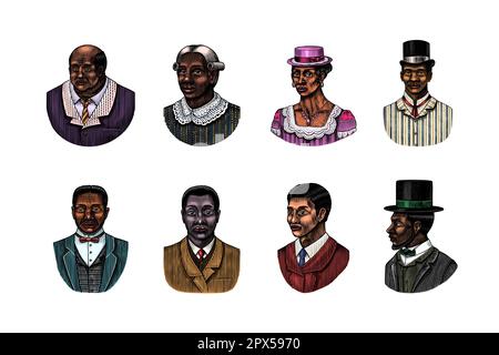 Eleganter Mann. Männliches Gesicht. afroamerikanische Herren. Viktorianische Zeit. Mode und Kleidung. Geschäftsmann im Anzug. Handgezeichnet Alte Skizze. Vintage graviert Stock Vektor
