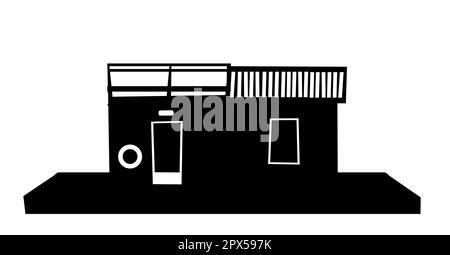 Schwimmendes Haus. Silhouettendesign. Wohnung mit kleinem Innenhof am Wasser. Isoliert auf weißem Hintergrund. Illustrationsvektor. Stock Vektor