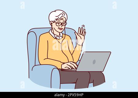 Ein älterer Mann führt Videoanrufe über einen Laptop, sitzt auf einem Stuhl und winkt mit der Hand, um den Gesprächspartner zu begrüßen. Ältere Menschen mit Laptop lernen Computerkenntnisse, indem sie an einem Online-Webinar teilnehmen Stock Vektor