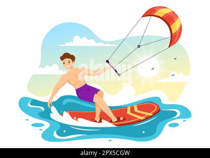 Kitesurfing-Illustration mit Kitesurfer, der im Sommer auf dem Kiteboard steht, in Extreme Water Sports Flat Cartoon handgezeichnete Schablone Stockfoto