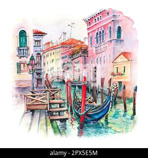 Aquarellskizze des Kanals Santi Giovanni e Paolo und der Gondeln an ihren Anlegestellen, Venedig, Italien Stockfoto