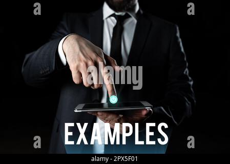 Inspiration mit Beispielen für Schilder, Beispielmodell für Konzeptfotos, um beispielsweise der Erklärung des Leitfadens zu folgen Stockfoto