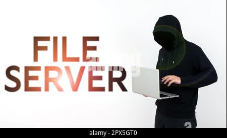 Handschreibender Dateiserver für Schilder, Business Showcase-Gerät, das den Zugriff auf separat gespeicherte Daten steuert Stockfoto