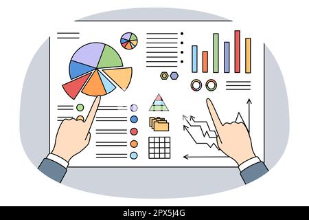 Nahaufnahme der Hände von Geschäftsleuten und Analysten zeigen auf Grafiken und Diagramme an Bord. Banker analysieren Wachstum und Niederschläge. Konzept der analytischen Daten und Buchhaltung. Finanzen und Statistiken. Vektorgrafik. Stock Vektor