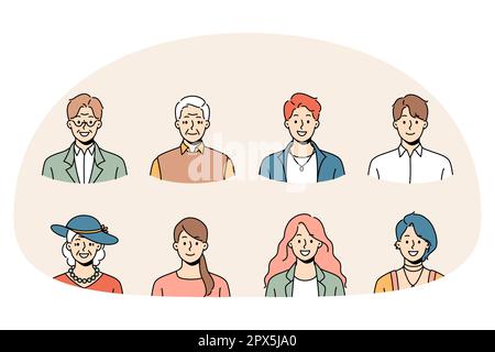 Eine Reihe von verschiedenen Menschen unterschiedlichen Alters und Geschlechts Profilbilder. Sammlung lächelnder junger und alter Männer und Frauen, Avatar-Porträts und Gesichter. Generation und Vielfalt. Vektorgrafik. Stock Vektor