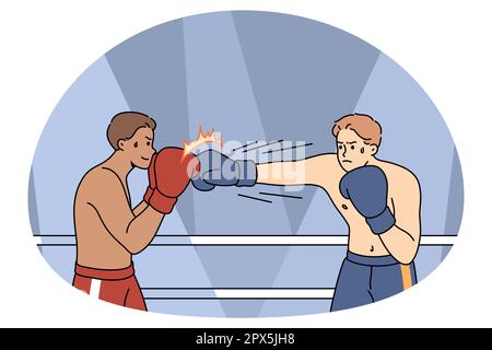 Boxermänner in Handschuhen kämpfen am quadratischen Ring. Starke mächtige Sportler oder Kämpfer treten beim Muay Thai Boxwettbewerb gegen Stanzen an. Kampfsportkonzept. Flache Vektorgrafik. Stock Vektor