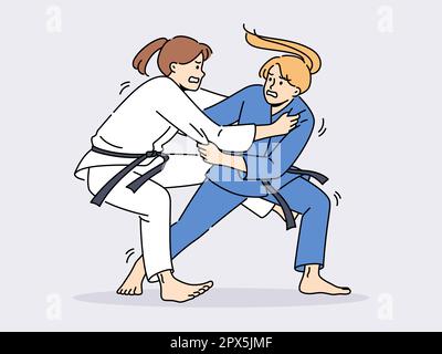 Frauen in Karatekimonos, die auf dem Ring kämpfen. Sportlerinnen in Uniform, die im Kampfsport tätig sind. Sport und Wettkampf. Vektordarstellung. Stock Vektor