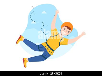 Bungee-Jumping-Illustration mit einer Person, die ein elastisches Seil trägt, das aus der Höhe springt, in einer flachen Cartoon Extreme Sports Vector-Vorlage Stockfoto