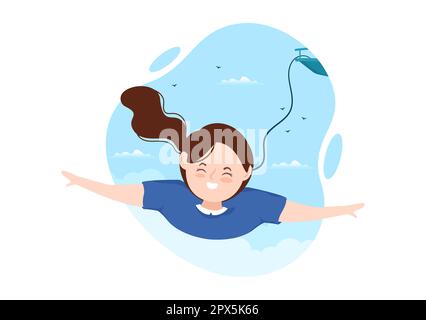 Bungee-Jumping-Illustration mit einer Person, die ein elastisches Seil trägt, das aus der Höhe springt, in einer flachen Cartoon Extreme Sports Vector-Vorlage Stockfoto