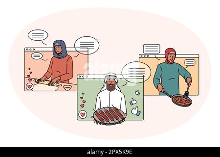 Eine Reihe von verschiedenen arabischen Food-Bloggern auf dem Bildschirm Kochen leckere Gerichte im Internet. Sammlung von arabischen Influencern bereiten traditionelle nationale Mahlzeit zu, haben Kurs auf Web. Flache Vektorgrafik. Stock Vektor