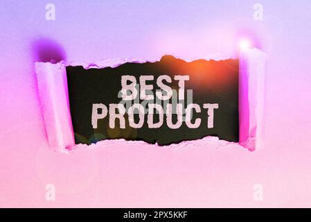 Schild mit der Aufschrift „Bestes Produkt“, Word für „sehr beliebt“, und eine große Menge davon wurde verkauft Stockfoto