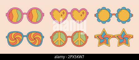 Kollektion an tollen Hippie-Sonnenbrillen im modischen Retro-1970er-Stil. Psychedelische Elemente aus dem Cartoon. Vektordarstellung Stock Vektor