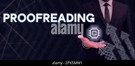 Textzeichen mit Korrekturlesen, Geschäftsüberblick über das Lesen und Markieren von Rechtschreibfehlern, Grammatik- und Syntaxfehlern Stockfoto