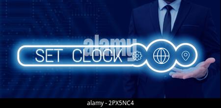 Textsymbol mit Anzeige von Uhr einstellen, Geschäftsübersicht Legen Sie die Uhrzeit auf die richtige Zeit oder ändern Sie die Uhrzeit auf einen späteren Zeitpunkt Stockfoto