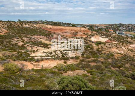 Blick auf den Hallett Cove Conservation Park in Adelaide in Südaustralien mit Blick auf den berühmten Zuckerhut und das Amphitheater. Stockfoto