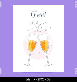 Zwei klirrrende Gläser mit Champagner-Cheers-Karte Stock Vektor