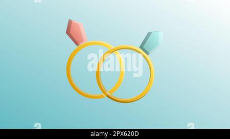 Wunderschöne festliche rote Liebe fröhliche goldene Eheringe mit Diamanten als Grußkarte für den Tag aller Liebenden, Valentinstag auf einem blauen Hintergrund Stock Vektor