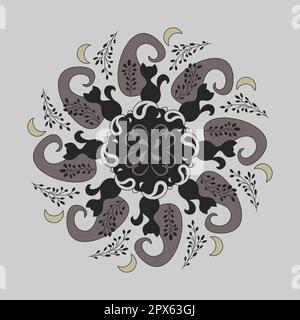 Muster. Katze Mandala mit Mond und Lavendel. Vektordarstellung. Stock Vektor