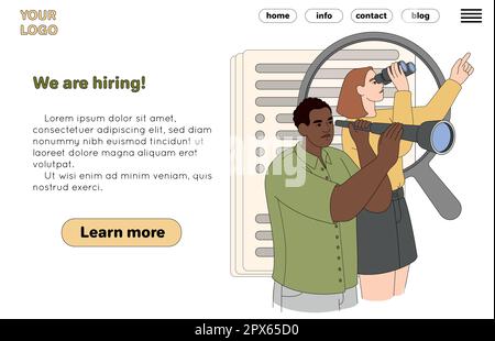 Flache Stundenmanager mit Fernglas, Lupe und lebenslauf. Personalreferenten geben die Einstellung von Mitarbeitern, die Einstellung von Mitarbeitern oder die Suche nach Kandidaten bekannt. Landing-Page „Vector“ für eingestellte Mitarbeiter. Konzept der Geschäftsrekrutierung. Stock Vektor