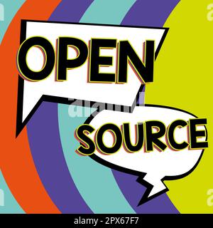 Textzeichen mit Open Source, Conceptual Photo kennzeichnender Software, deren ursprünglicher Quellcode frei verfügbar ist Stockfoto