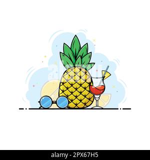 Tropenfrucht Stillleben. Ananas, Sonnenbrille und Cocktail-Illustration. Stock Vektor