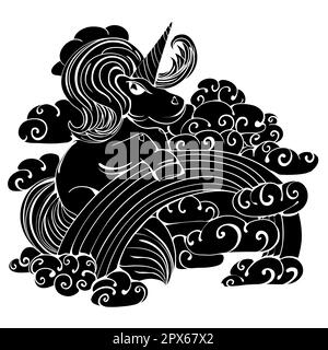 Einhorn in den Wolken auf dem Regenbogen. Lustige Stimmung. Märchendarstellung. Stock Vektor