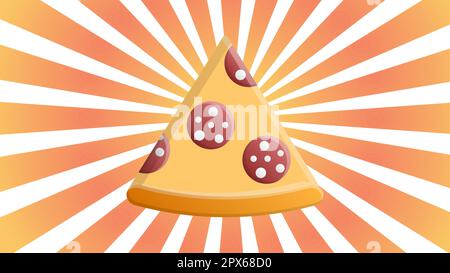 Vektordarstellung. Pizzastück mit geschmolzenem Käse und Peperoni auf blauem Hintergrund mit strahlenden Strahlen. Sticker im Cartoon-Stil mit Kontur. Für Pat Stock Vektor