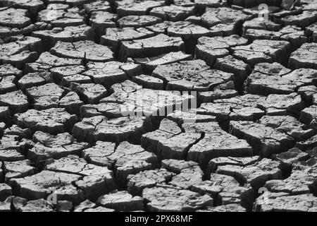 Trockener, gerissener Boden in Schwarz-Weiß Stockfoto