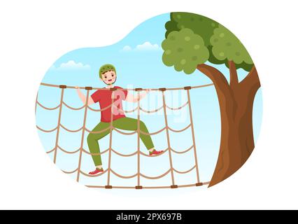 Seilrutschen-Illustration mit Besuchern, die auf einem Hindernisparcours spazieren gehen, und Outdoor Rope Adventure Park in Forest in Flat Cartoon Hand Drawn Templates Stockfoto