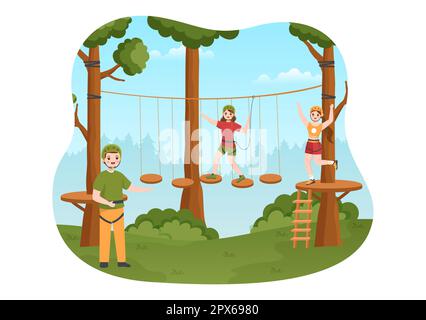 Seilrutschen-Illustration mit Besuchern, die auf einem Hindernisparcours spazieren gehen, und Outdoor Rope Adventure Park in Forest in Flat Cartoon Hand Drawn Templates Stockfoto