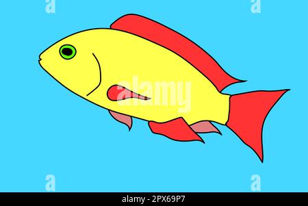 Gelb, bemalt, ein Cartoon-Fisch mit einem grünen Auge und roten Flossen auf blauem Hintergrund. Vektordarstellung. Stock Vektor
