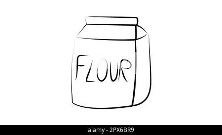 Mehlpäckchen auf weißem Hintergrund. vektordarstellung. Mehl wird in einen großen Papierbeutel gegossen. Abbildung in Schwarz-Weiß, Grafik dr Stock Vektor